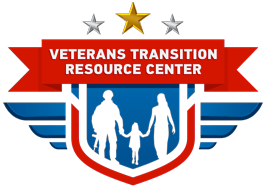Logo of the Veterans Transition Resource Center featuring a family silhouette, red banner, and gold and silver stars above.