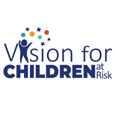 Logo of "Vision for Children at Risk" featuring a stylized figure with colorful circles and stars above it, and the organization name in blue text.