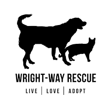 Silhouettes of a dog and a cat with the text "Wright-Way Rescue" and "Live Love Adopt" below them.