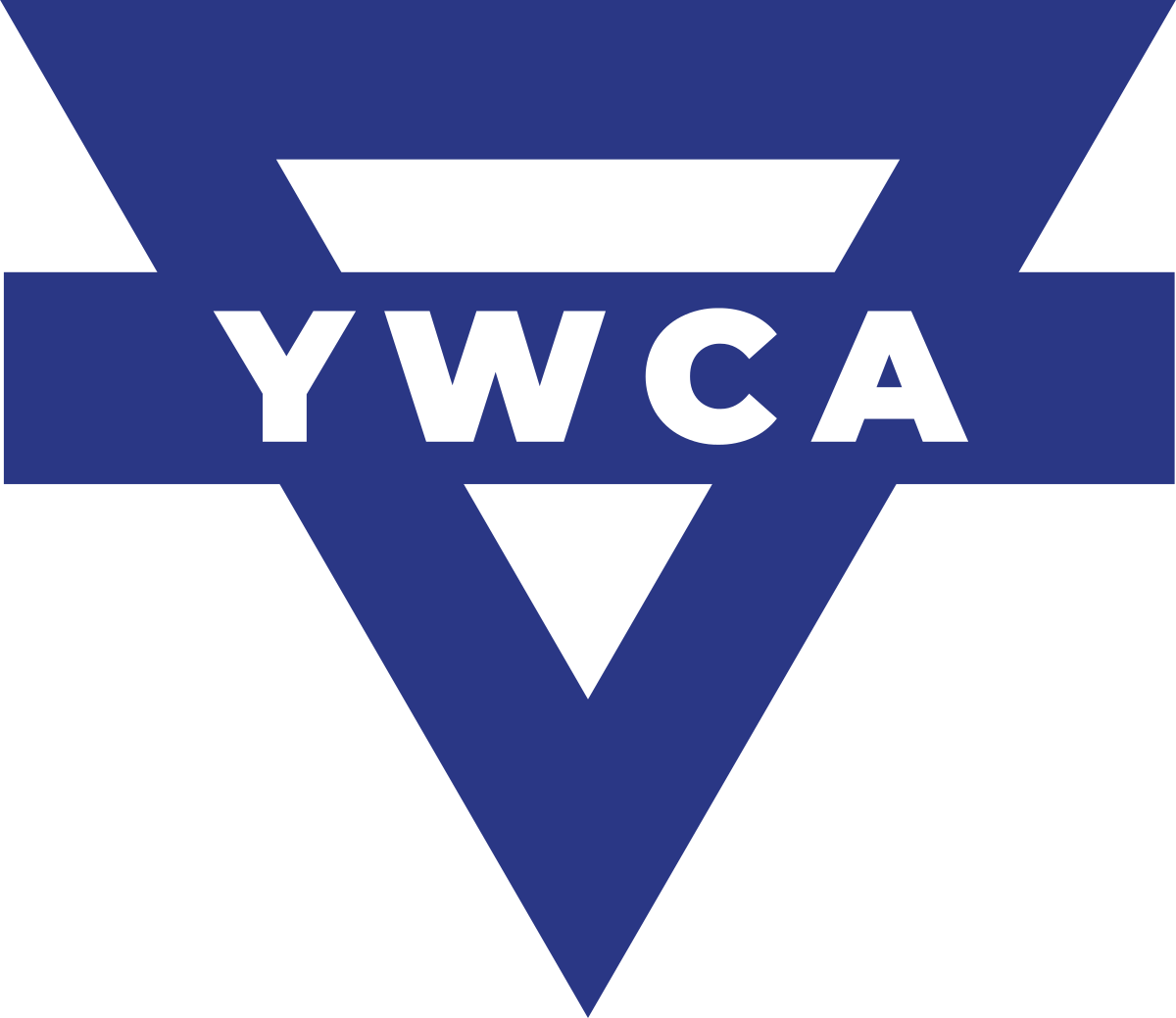 YWCA logo featuring a blue inverted triangle with a black inverted triangle inside it. The letters "YWCA" are displayed in white, centered horizontally across the blue triangle.