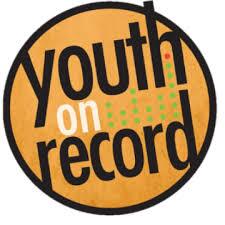 Logo for Youth on Record, featuring bold, black text on a circular orange background with the words "youth" in large font and "on record" in smaller font below, with green pixel squares above.