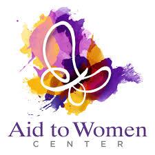 Logo of Aid to Women Center features a stylized butterfly with purple, yellow, and orange watercolor background. The organization’s name is written below in purple text.