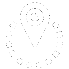 A map pin icon with a clock inside, encircled by a dotted line, on a white background.