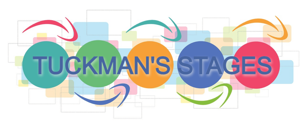 Five colorful circles with arrows in a sequence, overlaid with the text "TUCKMAN'S STAGES," representing stages of team development.
