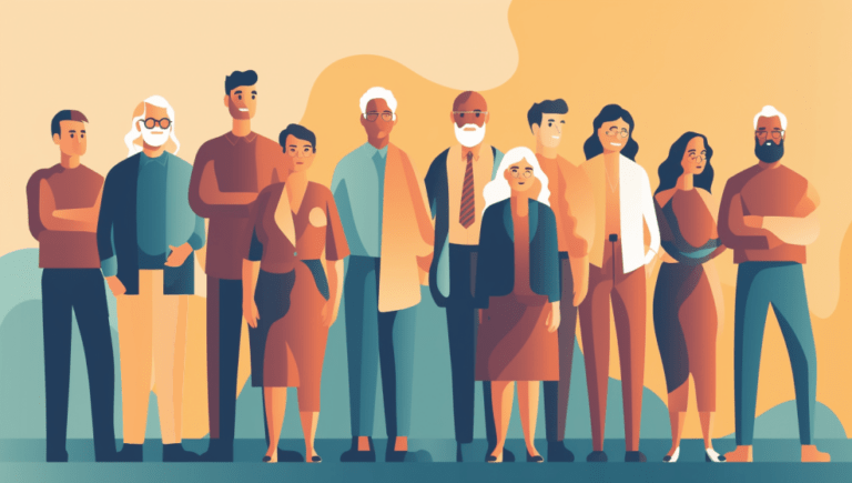 A diverse group of men and women of varying ages stand together in a line against a warm, abstract background, capturing the spirit found in any great team building book.