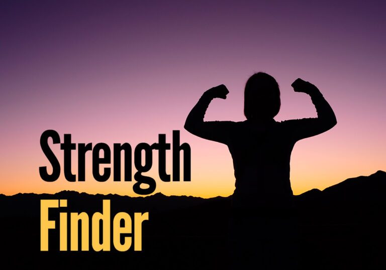 Silhouette of a person flexing their arms in front of a sunset, with "Strength Finder" in bold letters on the left side—perfect imagery for promoting your next DISC workshop.