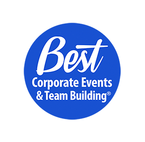 Blue circular logo with the text "Best Corporate Events & Team Building" in white, using a combination of cursive and sans-serif fonts.