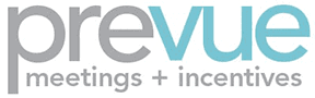 Logo for "Prevue meetings + incentives" with "prevue" in large letters; "pre" in gray and "vue" in light blue. "meetings + incentives" appears below in smaller gray text.