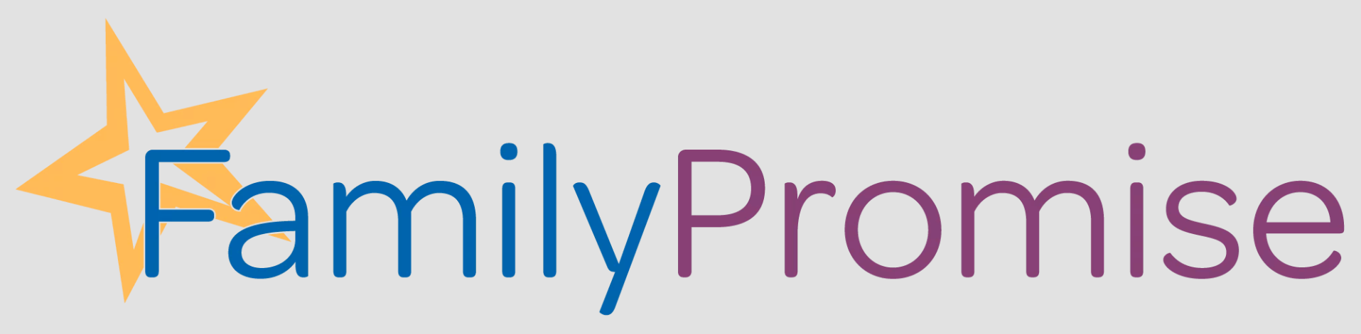 Family Promise logo with a yellow star behind the blue word "Family" and the word "Promise" in purple on a light gray background, representing our connection to charitable partners.
