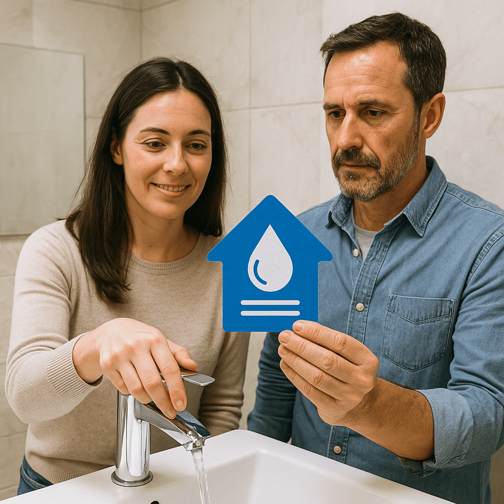 A woman turns on a faucet while a man holds a blue house-shaped card with a water drop symbol, standing together in a bathroom.
