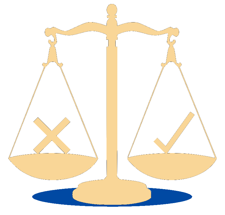 A beige balance scale with a checkmark on the right side outweighing an X mark on the left, symbolizing decision-making or judgment.