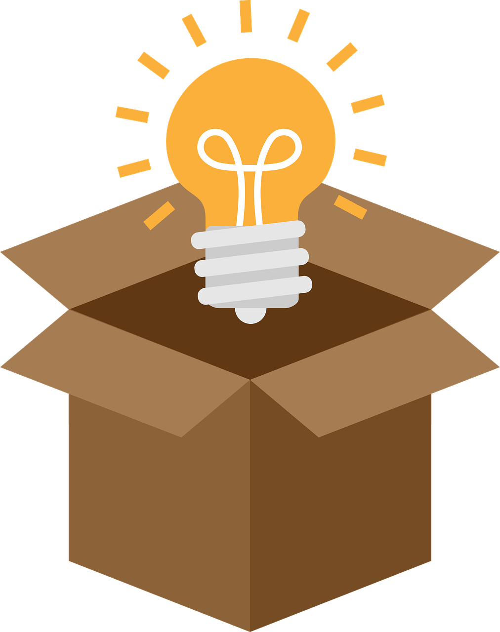 A lit lightbulb emerging from an open cardboard box, symbolizing creativity or an innovative idea.