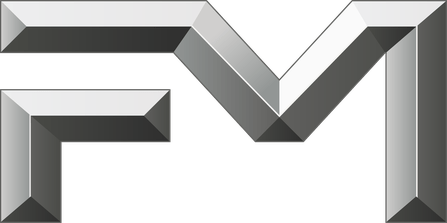A metallic, angular design forming the letters "FM" on a light background.