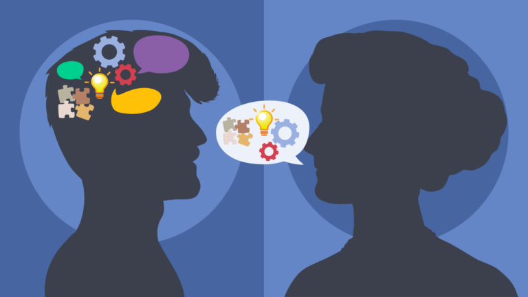 Two silhouetted heads face each other; one has puzzle pieces and gears in the brain area, while a speech bubble with similar symbols moves between them, highlighting how introverts in the workplace communicate and share ideas.