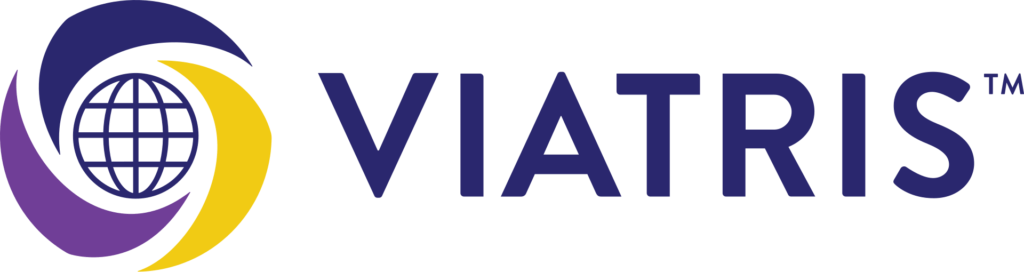 Viatris logo featuring a stylized globe surrounded by swirling purple and yellow shapes, with the company name "VIATRIS" in bold blue letters.