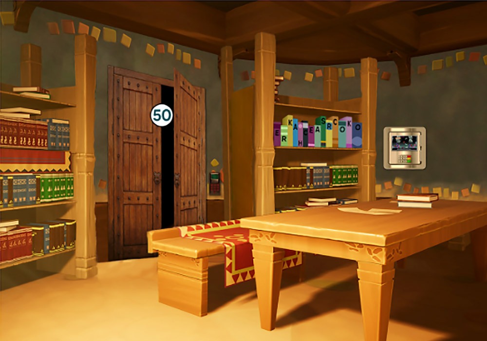 A room with a desk and bookshelves.