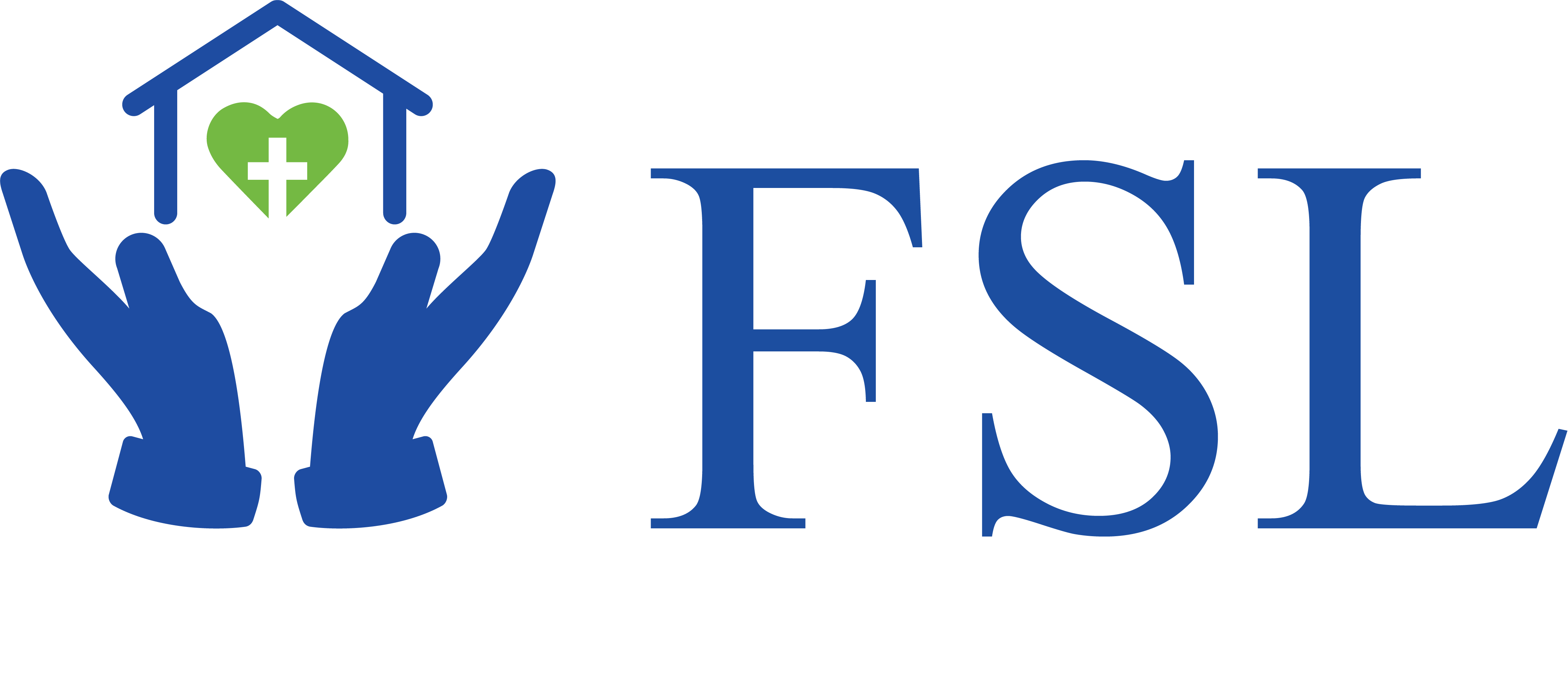 Logo features the letters "FSL" in blue, with blue hands supporting a green heart containing a white cross inside a house outline on the left.