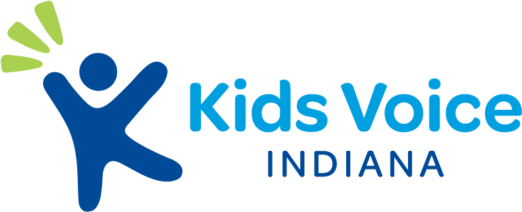 Logo of Kids Voice Indiana featuring a blue abstract human figure with raised hands and green rays above, with the text "Kids Voice Indiana" in blue on the right.