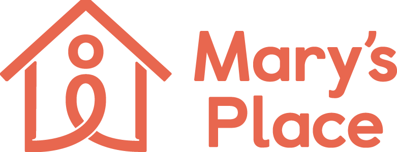 Logo for Mary's Place featuring a minimalistic design of a person inside a house icon, with the text "Mary's Place" in bold letters to the right.