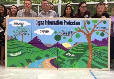 A group of people posing in front of a sign that says digital information protection.