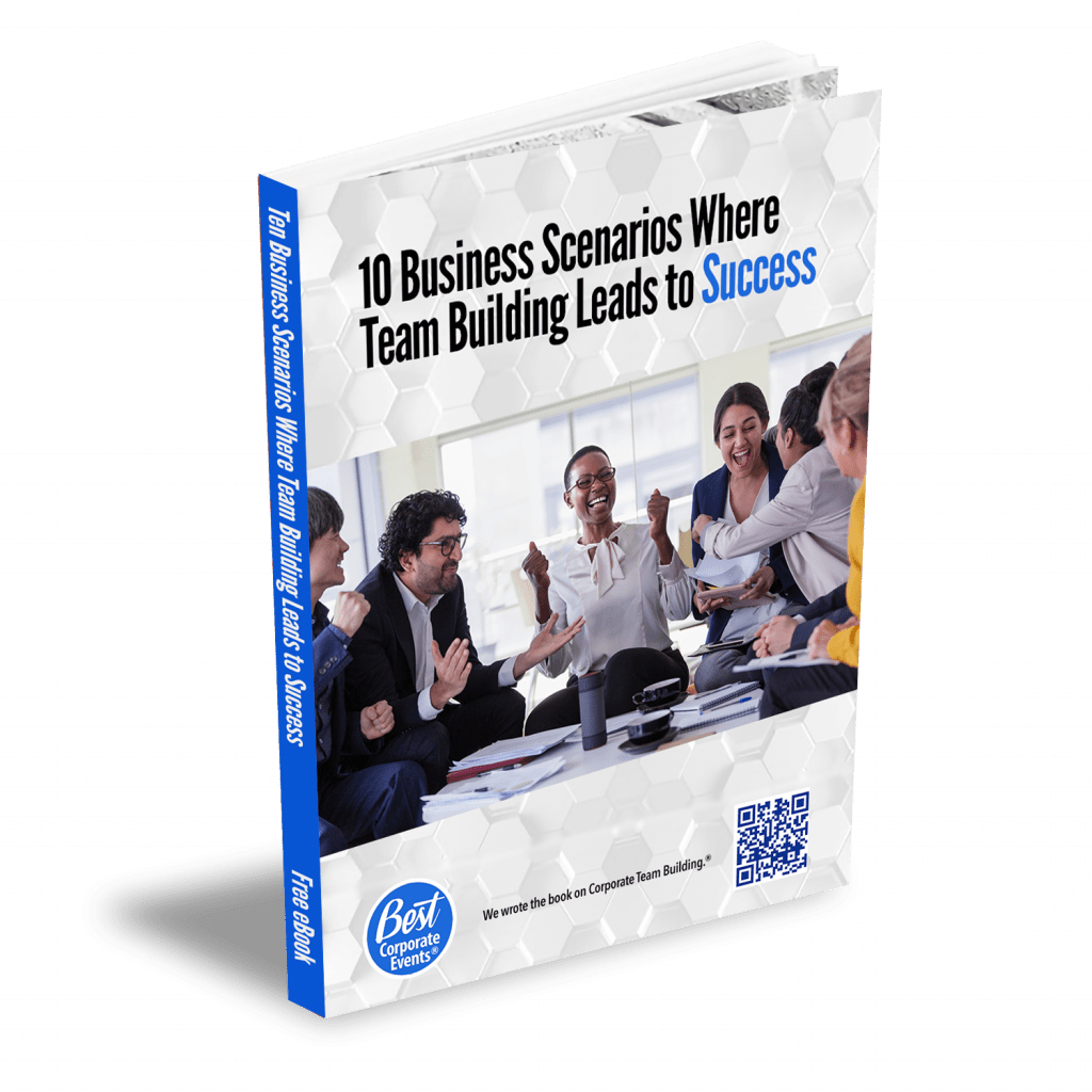 A book titled "10 Business Scenarios Where Team Building Leads to Success" with an image of colleagues celebrating around a conference table on the cover.