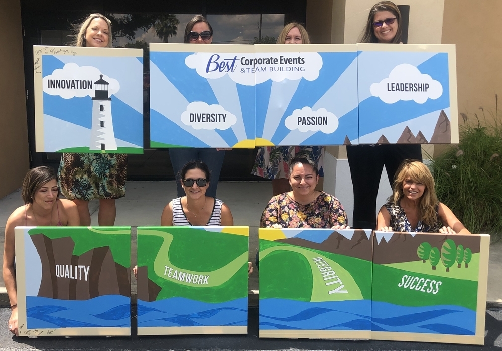 A group of women posing in front of a painting.