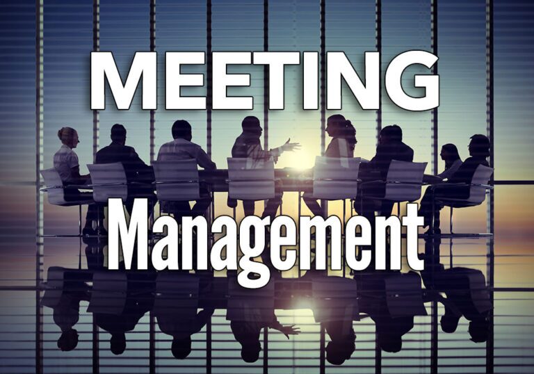 Silhouettes of people seated around a conference table in a modern office with large windows, overlaid with the words "MEETING Management.