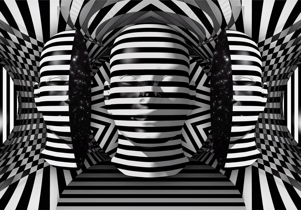 A black and white image of a head in a striped pattern.