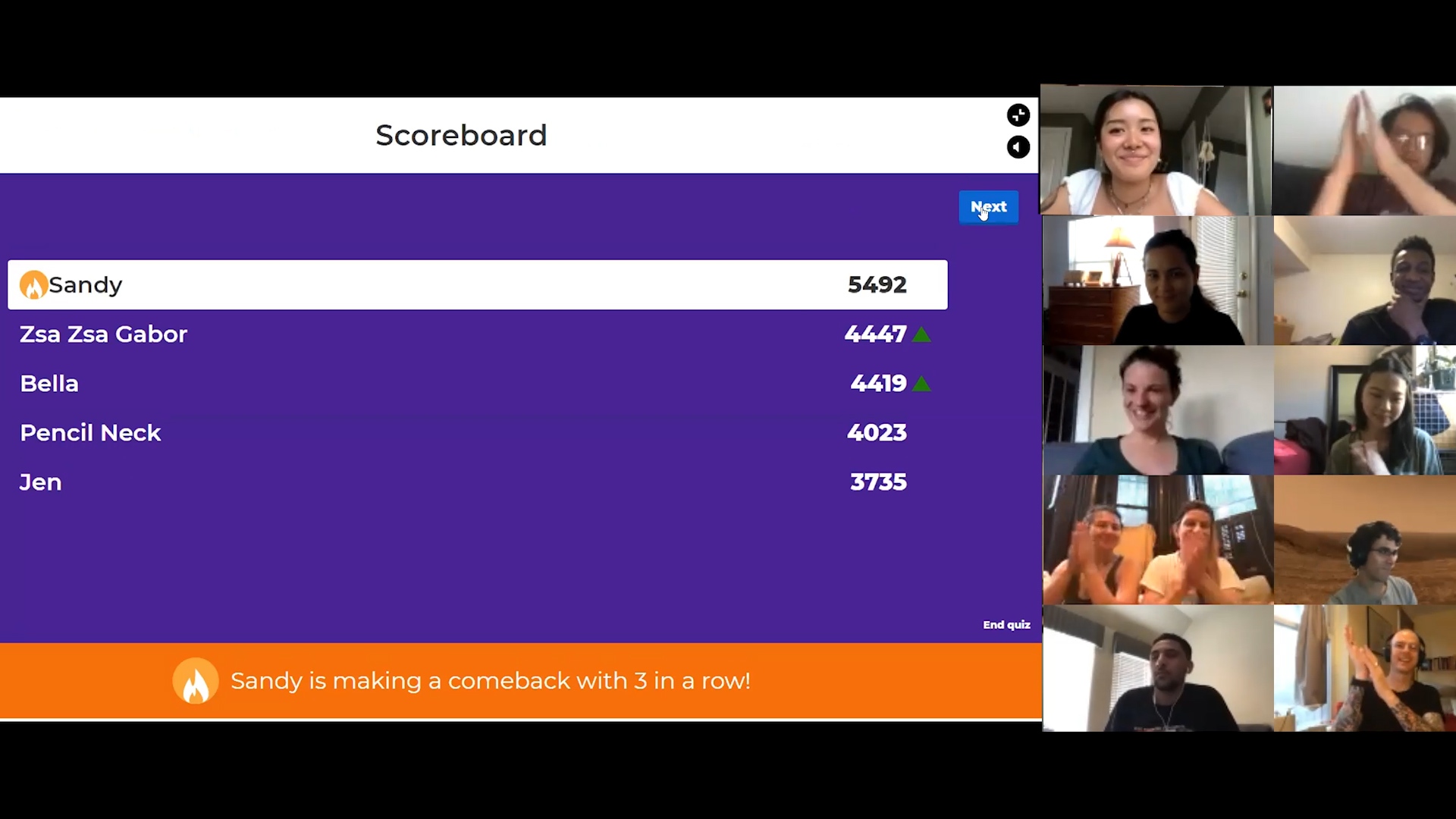 A screen showing a group of people in a video call.