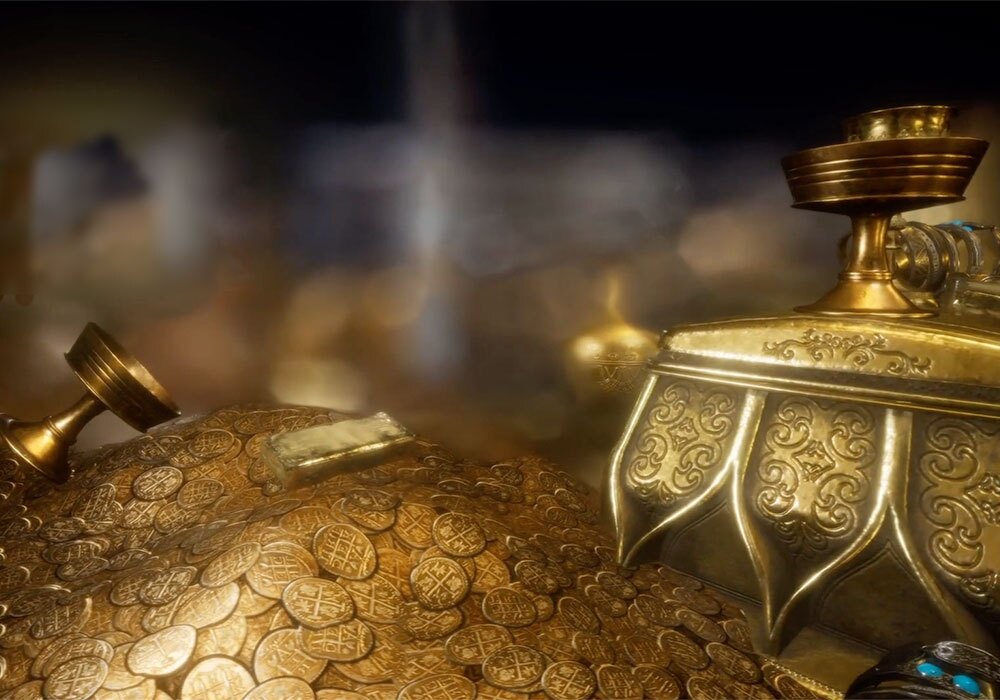 A golden pot with a candle on top of it.