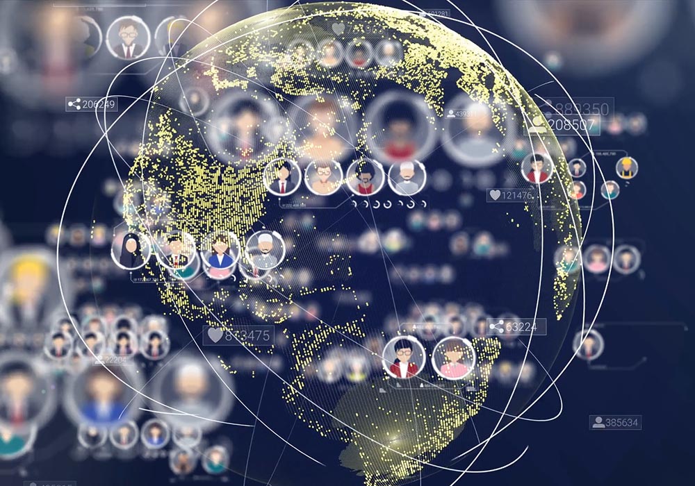 A world map with many people connected to each other.