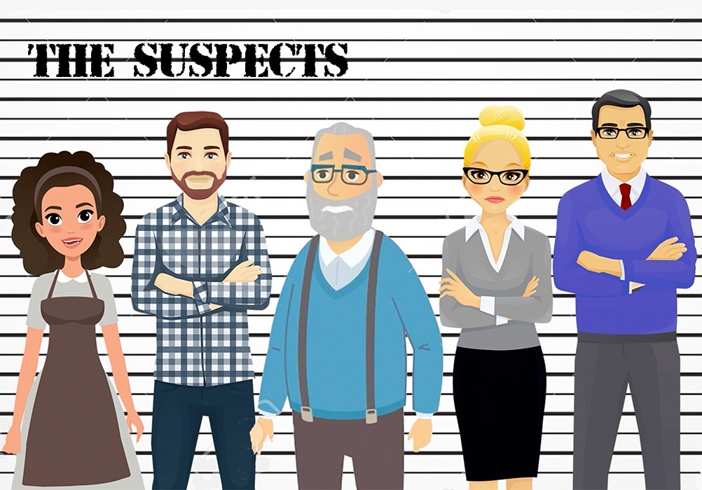 A group of people standing in front of a mugshot with the words the suspects.