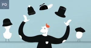 An illustration of an effective team building facilitator juggling hats.