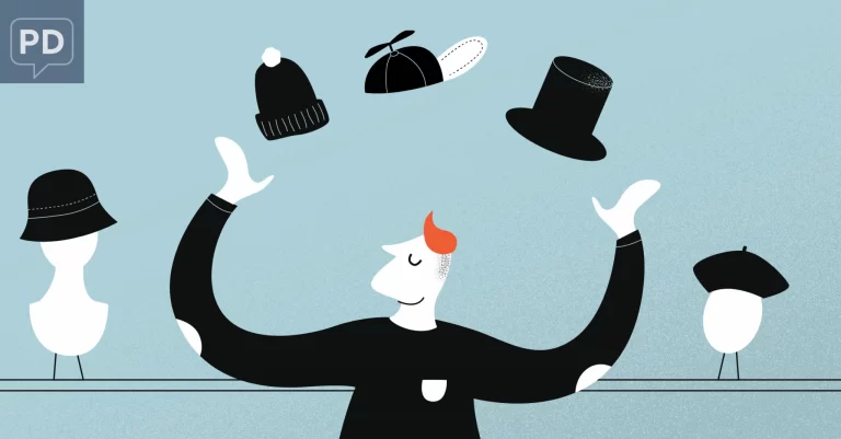 An illustration of an effective team building facilitator juggling hats.