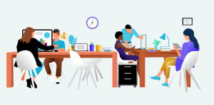 A group of people implementing return-to-office solutions at a desk.