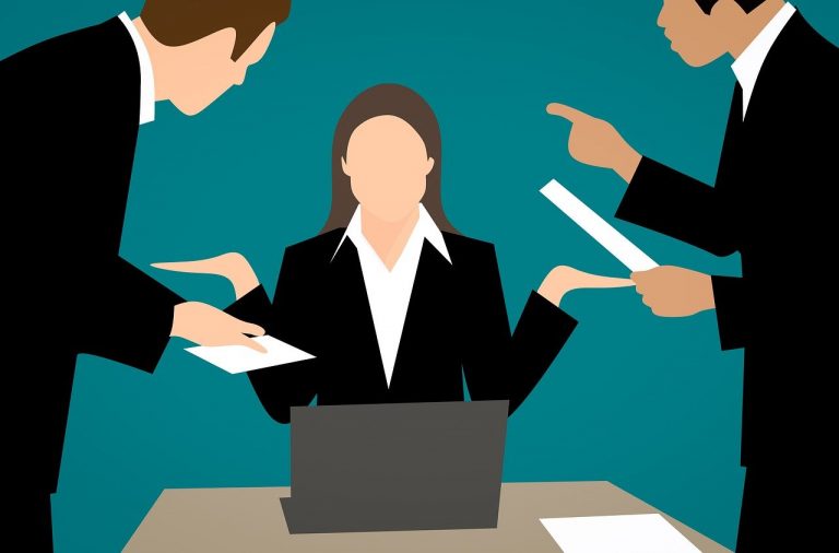 An illustration of a group of business people talking to each other.