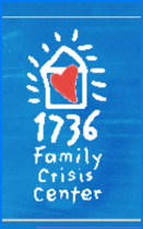 Logo of the 1736 Family Crisis Center featuring a red heart inside a house outline on a blue background.