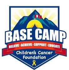 BASE Camp Children's Cancer Foundation logo features a mountain with a bright sun, reading "Believe-Achieve-Support-Educate," and a yellow ribbon symbol below.