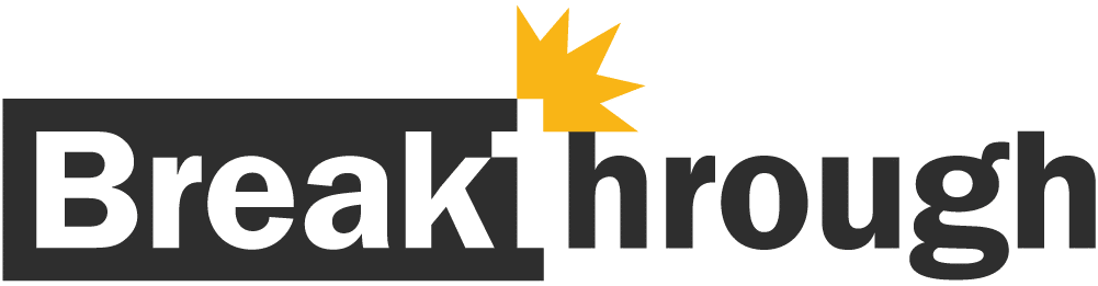 Logo for "Breakthrough" with the text broken by a yellow burst symbol at the top center of the word. The colors used are black and yellow.