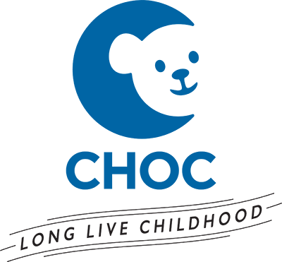 Logo of CHOC with a stylized blue moon and bear face above the acronym "CHOC.