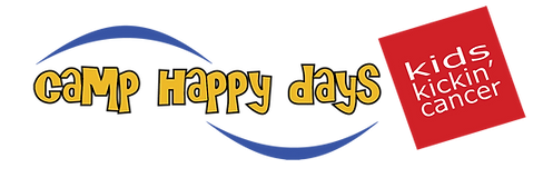 A logo features the text "camp happy days," with "kids kickin' cancer" written on a red square in the top right corner. A blue curved line runs through the text.