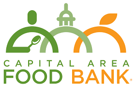Logo of Capital Area Food Bank featuring green, orange, and yellow symbolic figures with a spoon, a building dome, and a leaf in a minimalist style. Text reads "Capital Area Food Bank.