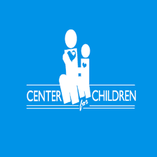 Logo of "Center for Children" featuring white icons of a large figure and a small figure with hearts on a blue background.