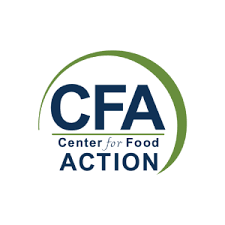 Logo of the Center for Food Action with the acronym "CFA" in large blue text and "Center for Food Action" written below it, encircled by a green arc starting from the left and ending above.