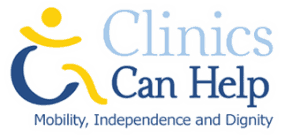 Clinics Can Help logo with a stylized person in a wheelchair, and the slogan "Mobility, Independence and Dignity.