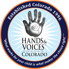 Logo of Hands & Voices Colorado, featuring a gray handprint with a white spiral in the center against a blue sunburst background, surrounded by the text "Established Colorado 1996" and a tagline.