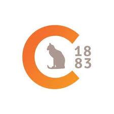 A gradient orange letter "C" encircles a silhouette of a sitting cat, with the number "1883" in grey on the right.