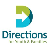 Logo for "Directions for Youth & Families" featuring a stylized letter "D" in green and blue.