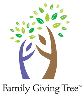 Logo of Family Giving Tree depicting two stylized trees, one in purple and one in brown, with green leaves forming a larger tree canopy above. Text below reads: "Family Giving Tree™.