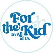 Blue text in playful font reads "For the Kid In All of Us" within a circular border.